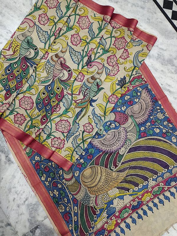 Kalamkari Pen Art Bangalore Silk Sarees with Multicolor Mor Motif on Body and Swans on Pallu