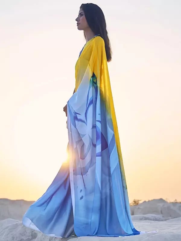 Sky Blue-Yellow Satin Crepe Digital Printed Saree