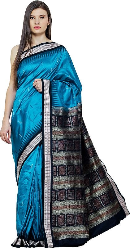 Blue-Jewel Bomkai Sari from Orissa with Hand-Woven Folk Motifs and Temple Border