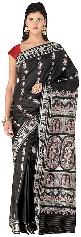 Black-Beauty Baluchari Handloom Sari from Bengal with Hand-woven Courtly Apsaras and Ramayana Episodes on Pallu