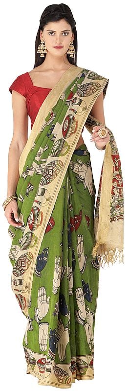 Cedar-Green Kalamkari Printed Cotton Sari with Dance Hand-Mudra Motifs All-Over