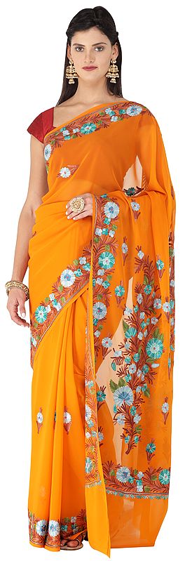 Orange-Ochre Sari from Kashmir with Aari-Embroidered Multicolor Flowers