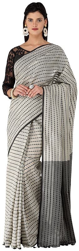 Black and Almond Handloom Cotton Sari from Kolkata with Woven Stripes and Bootis All-over
