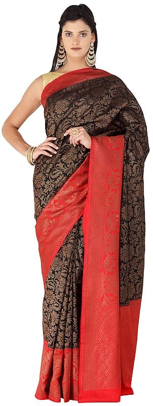 Black-Onyx Banarasi Sari with Zari Woven Red Pallu and Border