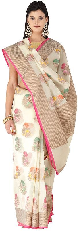 Banarasi Kora Silk Sari with Multi-coloured Woven Flowers All-over