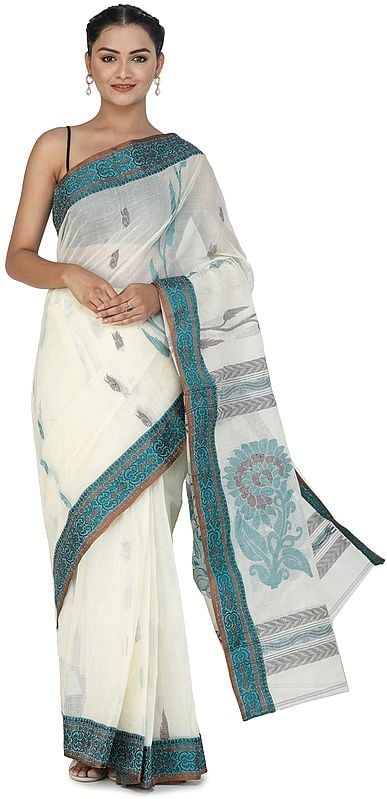 Antique-White Purbasthali Handloom Sari from Bengal with Teal Woven Border and Pallu