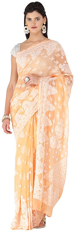 Salmon-Buff Lukhnavi Chikan Sari with Floral Hand-Embroidery All-over