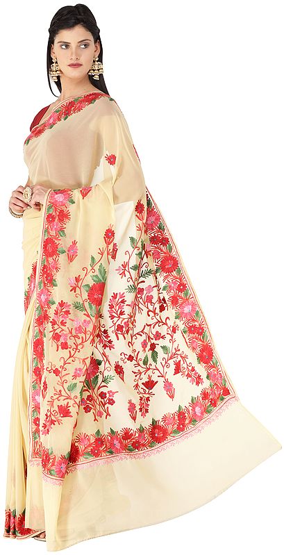 Straw Sari from Kashmir with Aari-Embroidered Multicolor Flowers