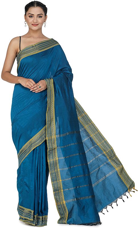 Lyons Blue Kanji-Cotton Sari with Zari-Woven Border and Tassels