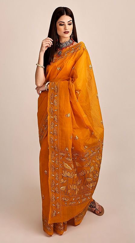 Radiant-Yellow Pure Cotton Hand-Embroidered Kantha Sari from Kolkata