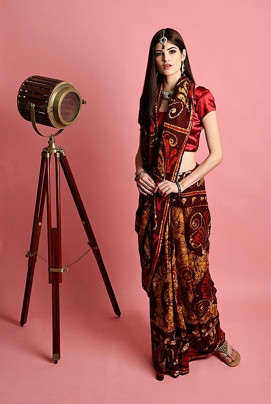 Brown Pure Batik  Cotton Sari from Madhya Pradesh