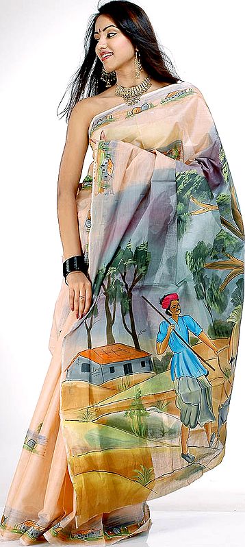A Village Scene on a Hand-Painted Sari