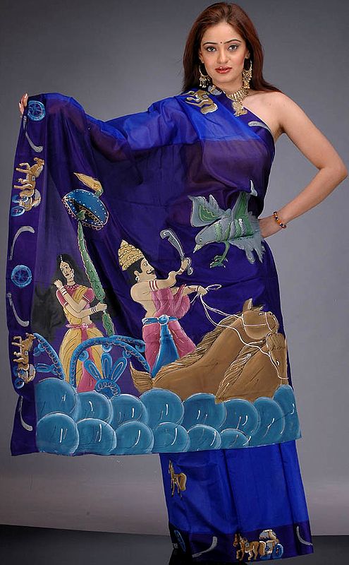 Abduction of Sita by Ravana - Hand-Painted Silk Sari
