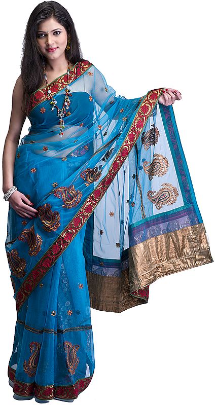 Algiers-Blue Designer Sari with Metallic Thread Embroidered Paisleys and Patch Border