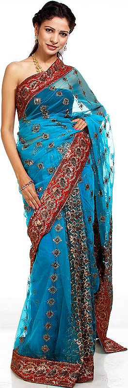 Algiers-Blue Sari with Crewel Embroidery and Patch Border