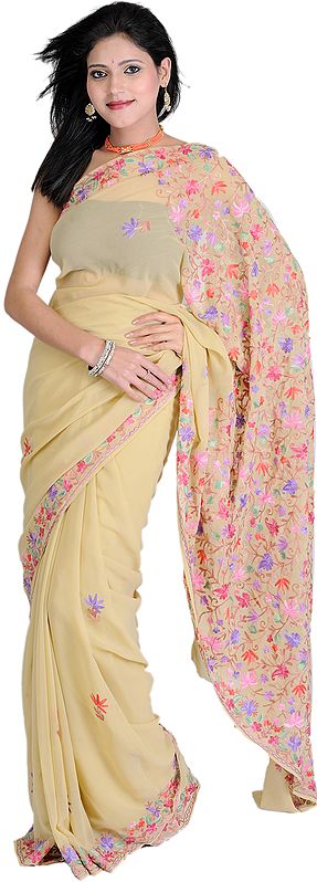 Almond-Buff Sari from Kashmir with Aari-Embroidered Flowers All-Over
