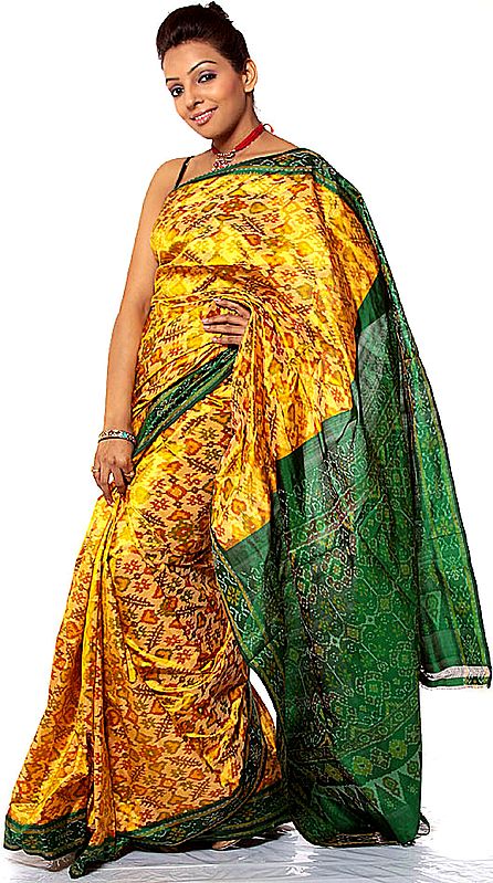 Amber and Green Double Ikat Paan Patola Sari Hand-woven in Pochampally Village