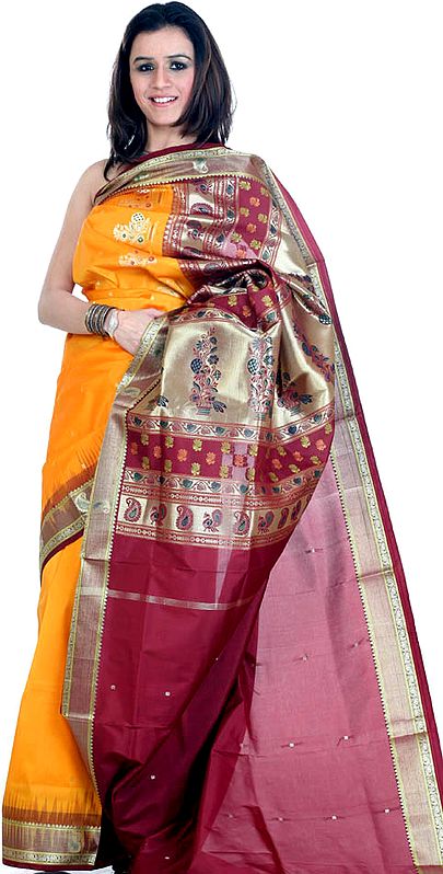 Amber and Maroon Banarasi Sari with Woven Peacocks and Paisleys