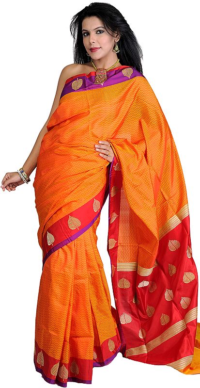 Amber and Red Banarasi Sari with Hand-Woven Peepel Tree Leaves
