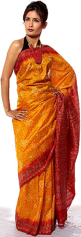 Amber and Red Chunri-Printed Sari from Kolkata