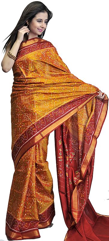 Amber and Red Di-chroic Gujarati Patan Patola Sari with Ikat Weave