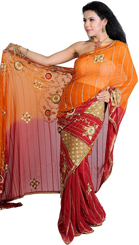 Amber and Red Wedding Saree with All-Over Embroidered Sequins and Beads