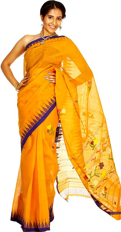 Amber and Tangail Sari From Calcutta with Woven Flowers on Aanchal and Temple Border