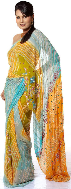 Amber and Turquoise Bandhani Sari from Gujarat with Beadwork and Mirrors