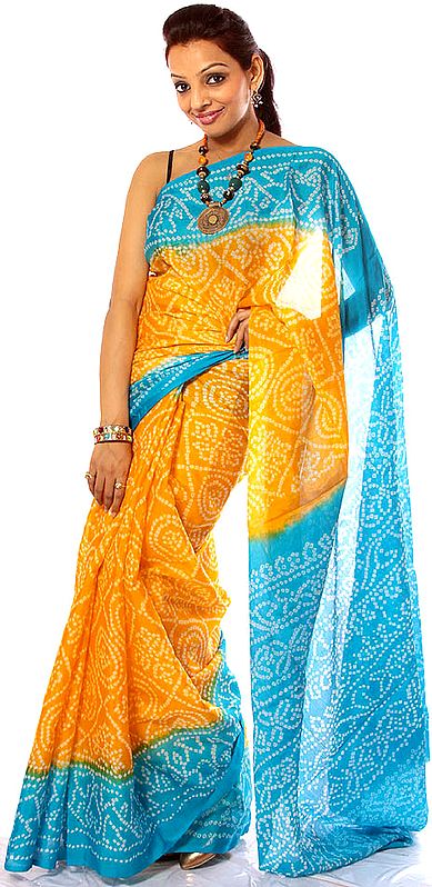 Amber and Turquoise Bandhani Sari from Rajasthan