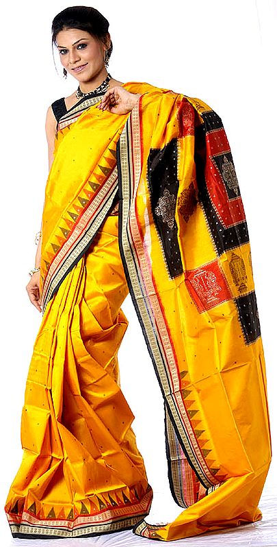 Amber Bomkai Sari with Box Pallu Hand-Woven in Orissa