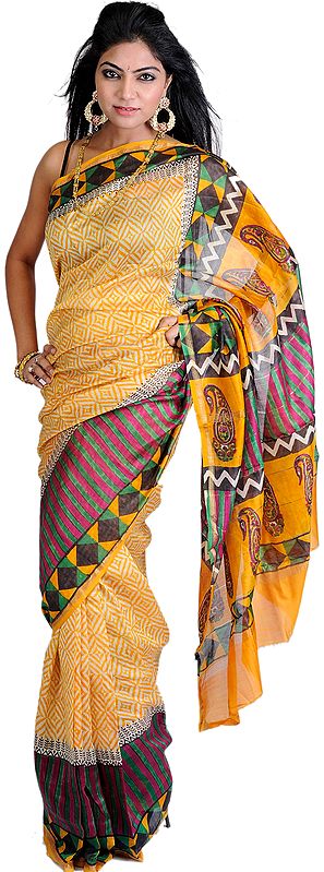 Amber Chanderi Sari with Printed Paisleys