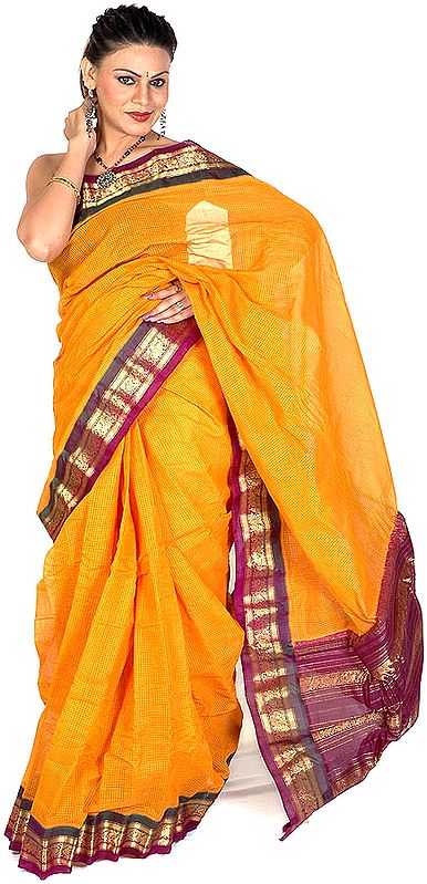 Amber Handwoven Gadwal Sari with Fine Checks and Zari Weave on Border