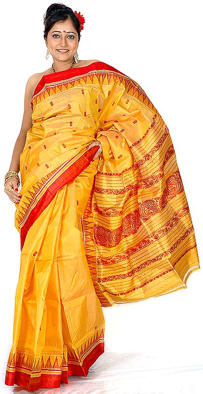 Amber Hand-woven Garad Sari from Bengal with Temple Border