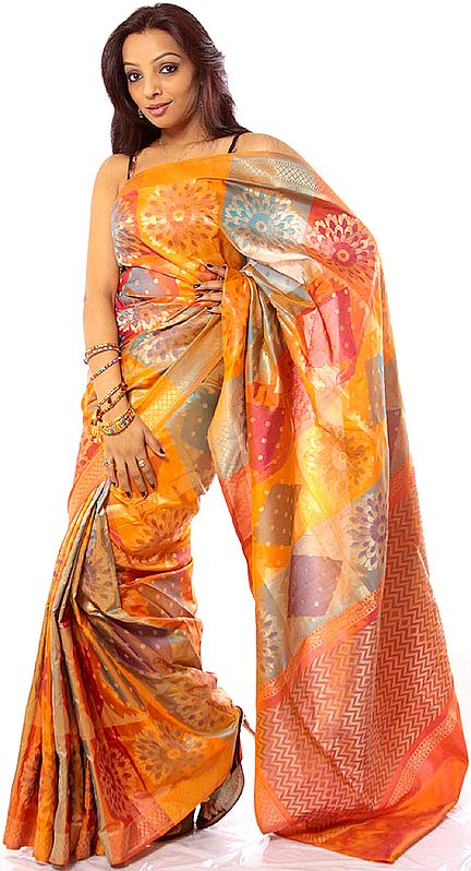 Amber Jamawar Sari from Banaras with Large Motifs and Multi-Color Thread Weave