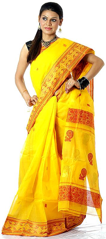 Amber Jamdani Sari from Kolkata with Woven Paisleys