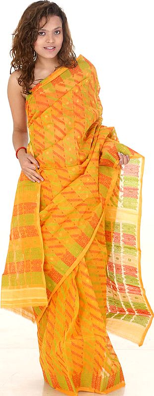 Amber Jamdani Sari Hand-Woven with Green and Red Thread Weave
