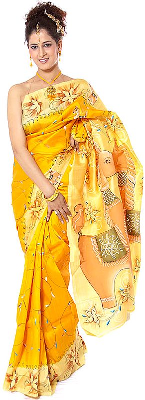 Amber Sari from Kolkata with Hand-Painted Deer