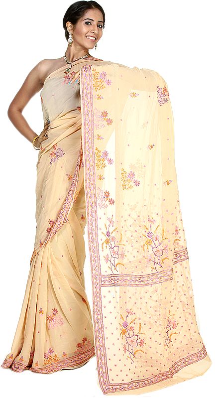 Amberlight Fine Sari with Lukhnavi Chikan Embroidered Flowers by Hand