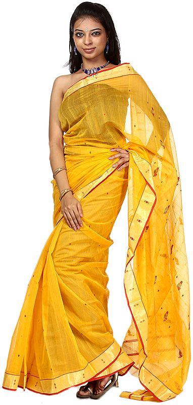 Amber-Yellow Chanderi Sari from Madhya Pradesh with All-Over Woven Bootis and Golden Border
