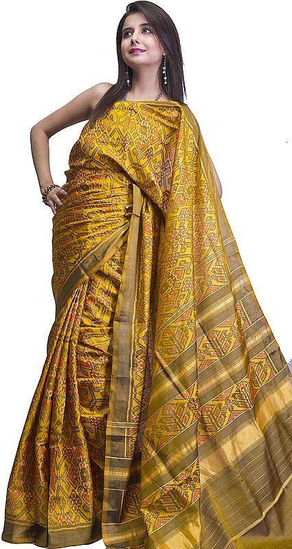 Amber-Yellow Paan Patola Sari from Patan All-Over Ikat Weave by Hand