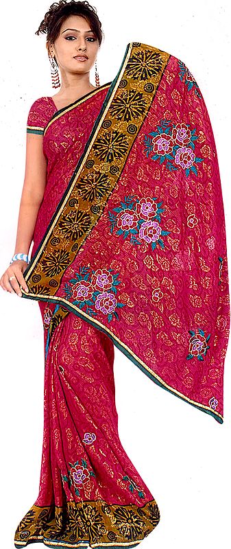 American Beauty-Red Shimmer Sari with Embroidered Roses