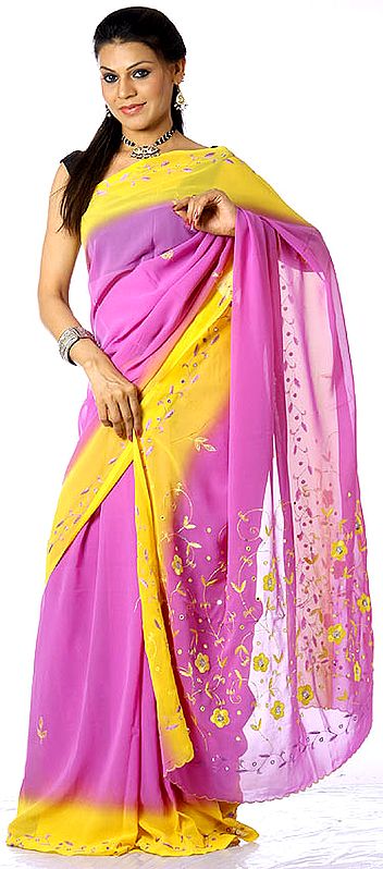 Amethyst and Yellow Sari with Parsi Embroidered Flowers