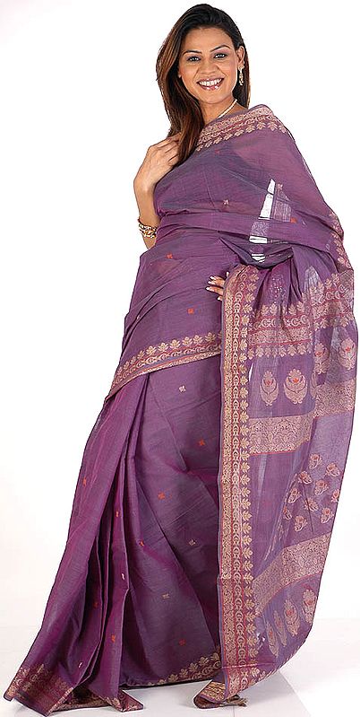 Amethyst Bengal Cotton Sari with Thread-Weave All-Over