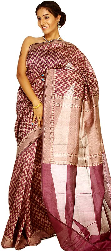 Amethyst-Orchid Kora Cotton Banarasi Sari with Woven Leaves All-Over