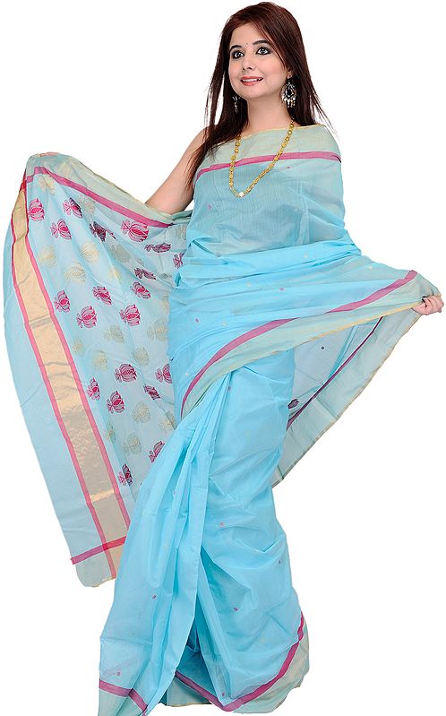Angel-Blue Chanderi Sari with Wove Lotuses in Red and Golden Thread