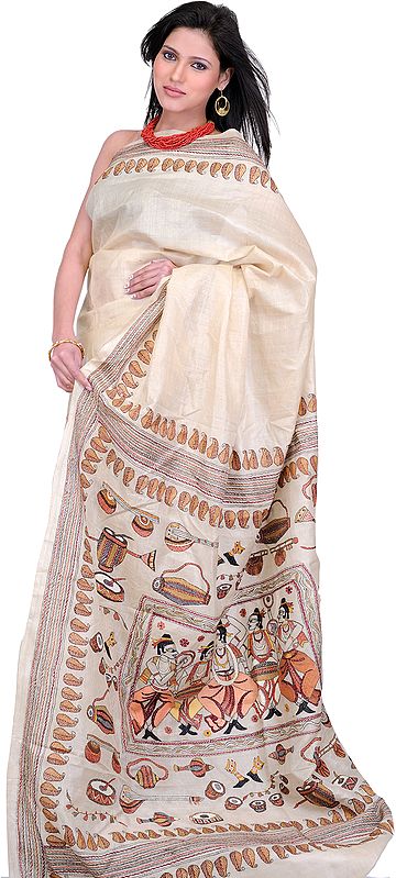 Angora Kantha Sari from Bengal with Hand-Embroidered Musical Instruments
