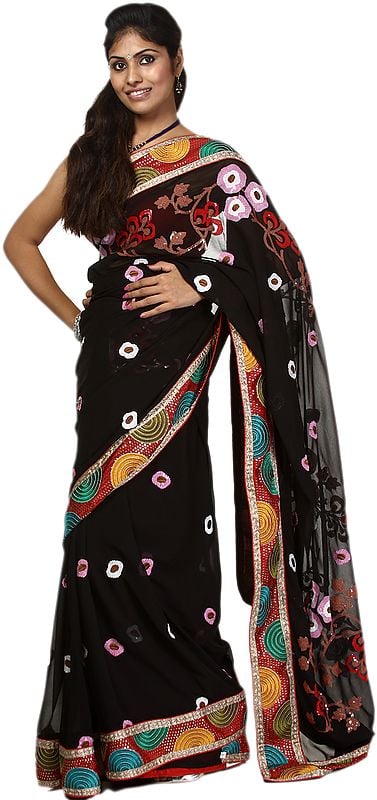 Anthracite-Black Designer Sari with All-Over Multi-Color Embroidery and Sequins