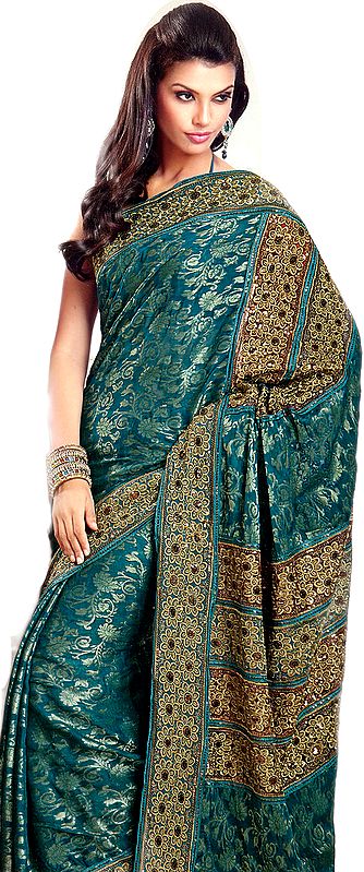 Antique-Green Designer Sari with Woven Flowers and Brocade Weave