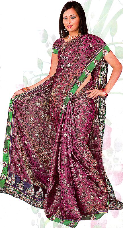 Apple Butter Sari with Woven Flowers, Embroidered Sequins and Patch Border