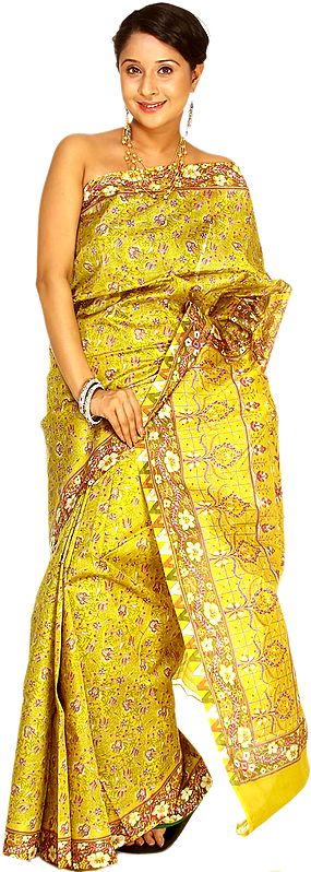 Apple Green Sari From Calcutta with Printed Flowers All-Over